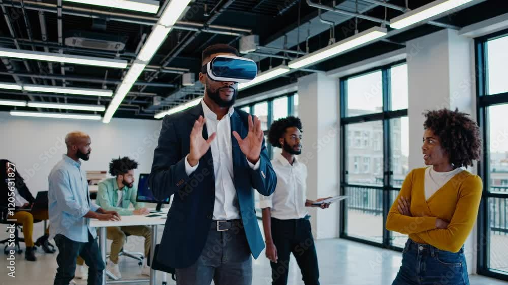 Poster virtual reality experience in modern office setting with diverse participants engaged in technology
