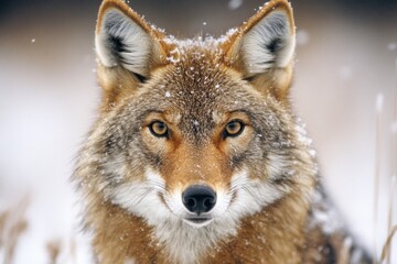 Obraz premium A coyote trotting through the snow in Yellowstone, with its sharp features standing out against the white landscape