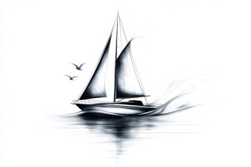 A minimalist depiction of a sleek yacht silhouette cruising across calm waters, drawn in simple black and white lines