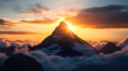 Majestic Sunset over the Alpine Peak: A breathtaking view of a snow-capped mountain at golden hour, bathed in the warm glow of the setting sun.