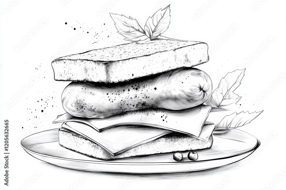 Aufkleber a minimalist illustration of a single wurst on a plate, drawn in clean lines with subtle gradients, 
