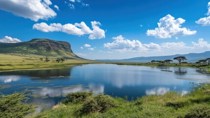 Obraz premium Beautiful landscape scene of a lake surrounded by hills, trees, grass, and blue sky with white clouds