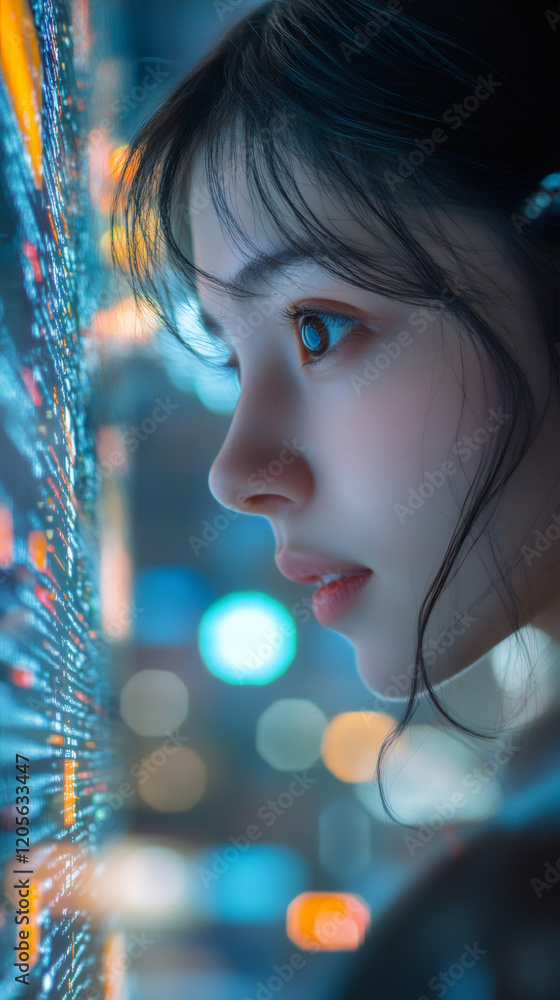 Poster female programmer intently studying complex code on translucent digital screen, working late in shad