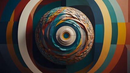 A single calm geometric shape centered amidst abstract, chaotic patterns, symbolizing peace and stability within disorder.