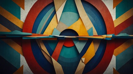 A single calm geometric shape centered amidst abstract, chaotic patterns, symbolizing peace and stability within disorder.