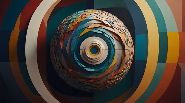 A single calm geometric shape centered amidst abstract, chaotic patterns, symbolizing peace and stability within disorder.