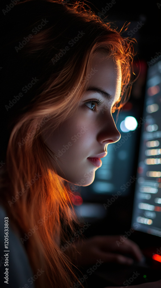 Poster side view portrait of a focused female programmer working late at night, lit by the glow of her comp