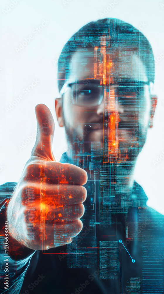Poster programmer giving thumbs up with coding interface illuminating facial features