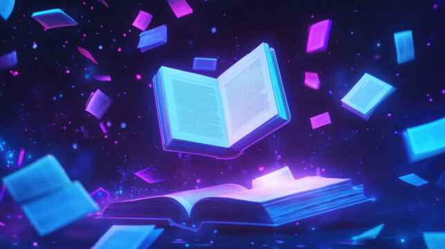 A vibrant scene features a floating book with illuminated pages, surrounded by smaller glowing books in various colors. Sparks of light enhance the magical atmosphere.