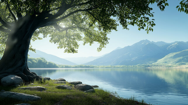  serene lakeside with a shaded tree and mountain backdrop, ideal for wellness campaigns and travel websites