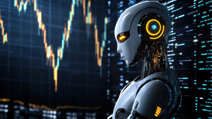 A sleek robot stands in front of a digital display filled with financial charts and data, showcasing its analytical capabilities. The setting suggests advanced technology.