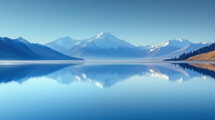 A serene landscape showcasing snow-capped mountains reflected in a tranquil body of water