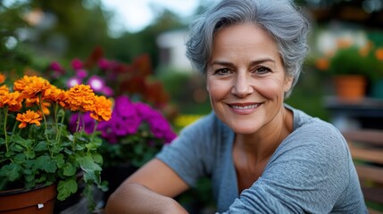 Naklejka premium Mature Woman Gardener Smiling Amidst Vibrant Flowers