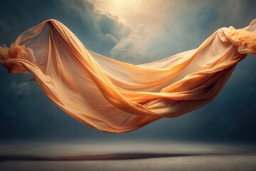 A billowing expanse of lightweight, peach-colored fabric gracefully floats in a dimly lit studio, evocative of ethereal elegance and weightless movement against a muted backdrop