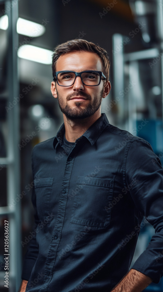 Poster portrait of a professional industrial engineer standing confidently in a modern factory setting