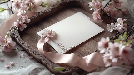 Greeting card resting on a rustic wooden tray with pink flowers and satin ribbon, captured in soft-focus lighting to create a cozy and elegant atmosphere