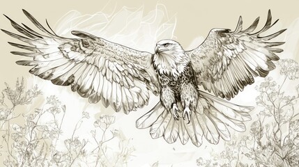 Majestic eagle realistic line drawing with spread wings in monochrome detailed illustration