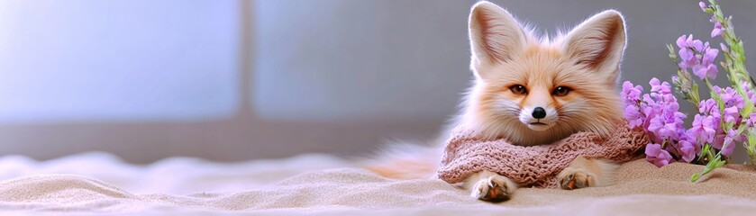 Fototapeta premium Adorable Fennec Fox in Desert Habitat A Charming Pose, Expressive Ears, and Sandy Surroundings Create Striking Contrast This captivating image showcases the beauty of wildlife in its natural