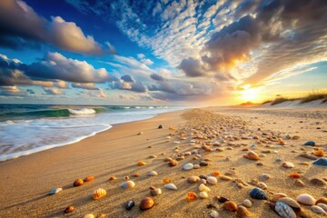Serene Coastal Scene at Sunset Golden Sands, Gentle Waves, and a Scattering of Seashells