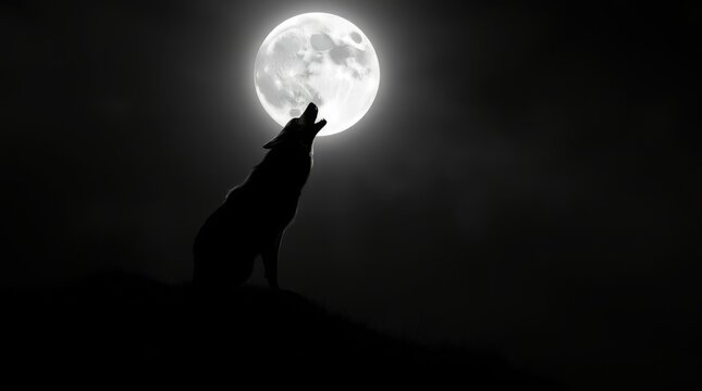 Silhouette of a wolf howling at a bright full moon in the night sky. A dramatic and evocative scene of nature's power.