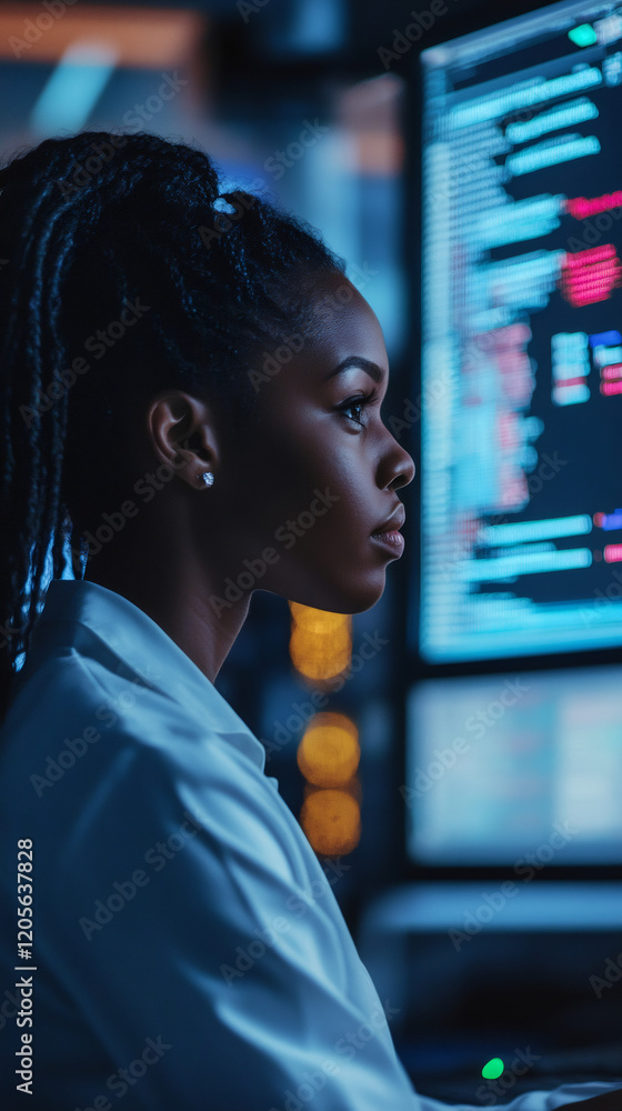 Poster side view portrait of a focused black female programmer working on a computer in a dark office