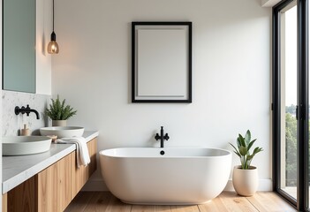 Bright Coastal Bathroom: Photo Realistic, Light Oak, Light Blue & Cream, Portrait Black Frame, Floating Canvas, Minimalist, Lived-In, Morning Light, Youthful Decor, Magazine.

