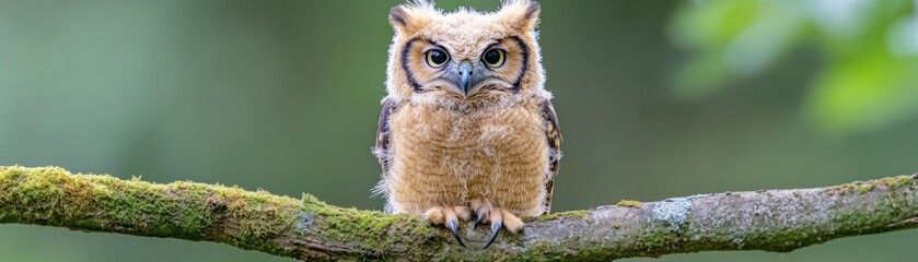 Naklejka premium A Curious Owl with Expressive Eyes Perched on a Mossy Branch, Embodying Solitude and the Striking Contrast of Wildlife in its Natural Habitat This captivating image showcases the beauty of a lone