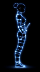 Naklejka premium A hero for computer games. Digital silhouette of a warrior holding a sword against a black background