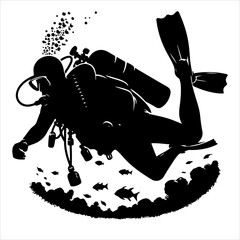 Fototapeta premium Scuba diving silhouette vector. Scuba diver logo icon vector on a white background. 