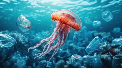 Obraz premium A poignant image of a jellyfish gracefully drifting amidst a sea of plastic waste, highlighting the devastating impact of plastic pollution on marine ecosystems and the urgent need for global