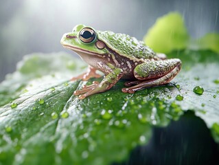 Fototapeta premium A Tiny Green Frog Perched on a Dew-Kissed Leaf Stunning Macro Photography of Amphibian in Nature, Vibrant Green Frog Blending Seamlessly with Lush Foliage, Tiny Creature, Dew Drops, Water Droplets