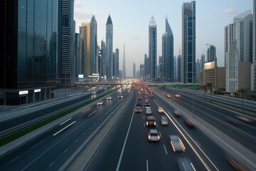 Fototapeta premium A busy city street with cars and tall buildings in the background. The cars are moving quickly and the sky is a beautiful blue color