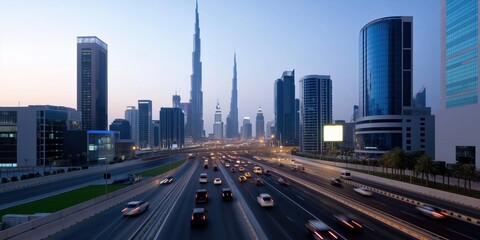 Fototapeta premium A busy highway with many cars and a tall building in the background. The sky is a mix of blue and orange, creating a warm and inviting atmosphere