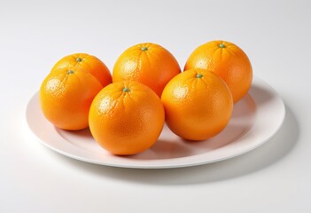 Fresh oranges are placed on a plate with a white background