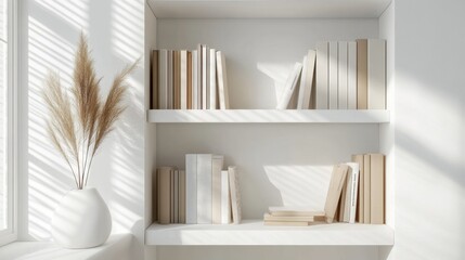 A minimalist bookshelf with only a few carefully curated books and decor.