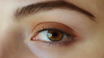 Fototapeta premium Close-up of an eye with warm orange and caramel tones in a makeup look featuring defined eyelashes and eyebrow
