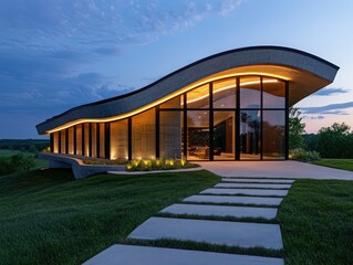 Curved Concrete Modern House at Dusk