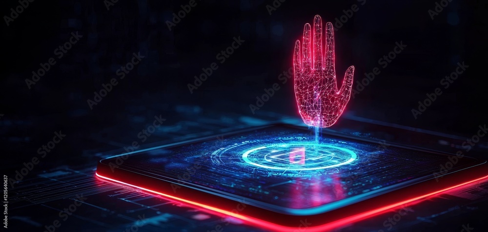 Poster a digital representation of a hand hovering over a glowing platform, symbolizing technology, securit