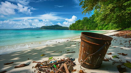Naklejka premium serene beach scene featuring rusty bucket on shore, surrounded by driftwood and lush greenery. clear turquoise water and blue sky create tranquil atmosphere
