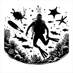 Scuba diving silhouette vector. Scuba diver logo icon vector on a white background. 