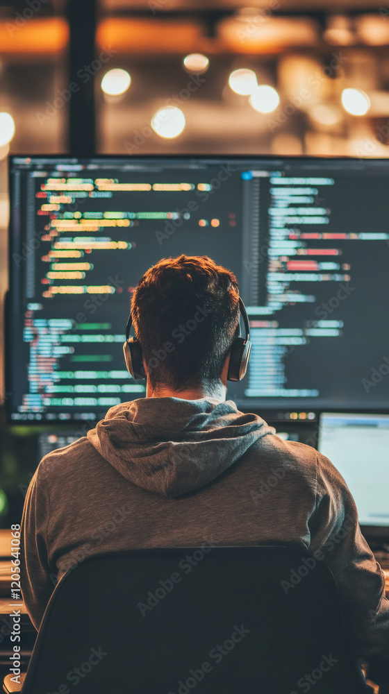 Poster programmer immersed in writing code on a computer screen, working late at night in an office while w