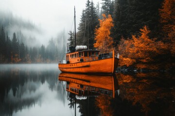 A rustic wooden yacht docked in a serene lake surrounded by dense pine forests, reflecting on the still water