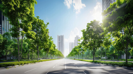 Obraz premium serene urban landscape featuring wide road lined with lush green trees and modern buildings under bright blue sky. scene evokes sense of tranquility and harmony