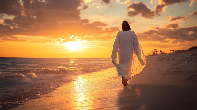 Religious figure walking on the beach at sunset
