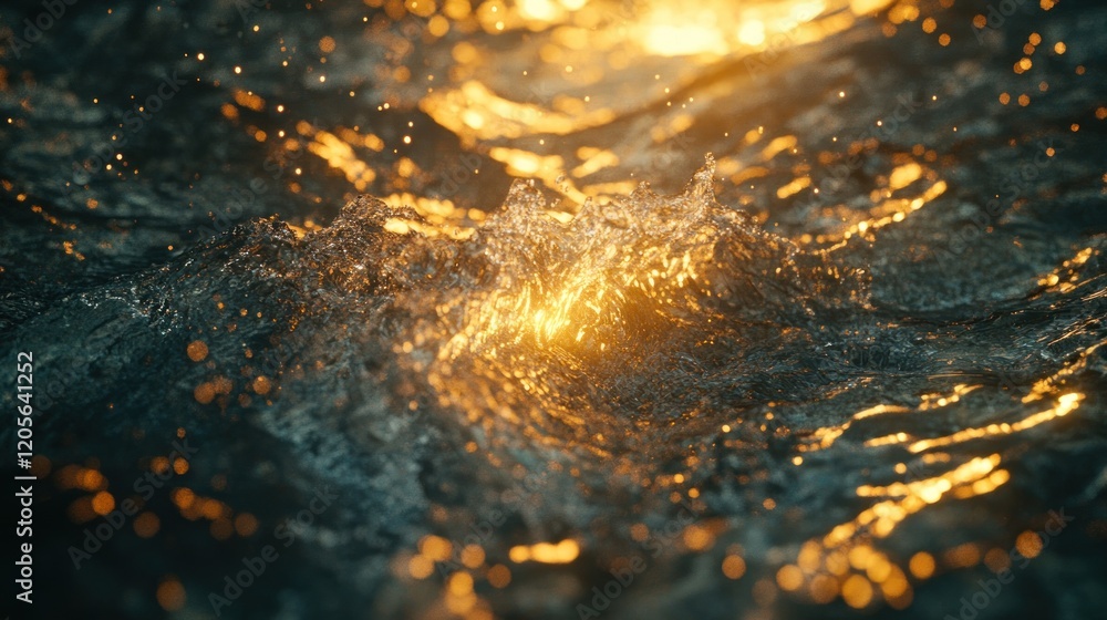 Poster Dynamic water surface with golden light reflections creating a mesmerizing texture