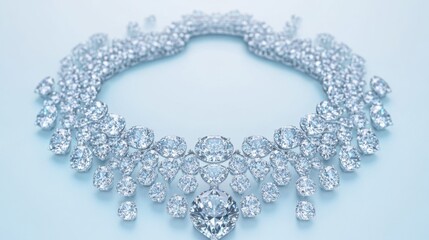 Obraz premium A modern diamond necklace on a pale blue background, with intricate details highlighted.