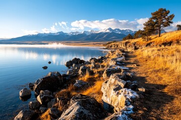 A serene morning view of Yellowstone Lake, with mist rising off the water and snow-capped peaks in the distance