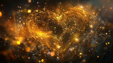Obraz premium A delicate heart made from intertwining golden vines, adorned with tiny sparkling stars and celestial patterns.