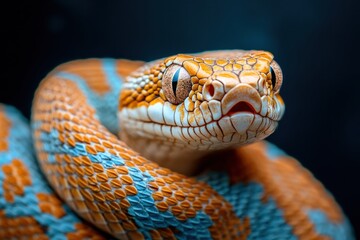 Fototapeta premium Macro Photography A Stunning Close-Up of a Snake's Intricate Scales, Revealing Vivid Orange and Blue Color Patterns with Exceptional Sharpness and Detail This high-resolution image showcases the