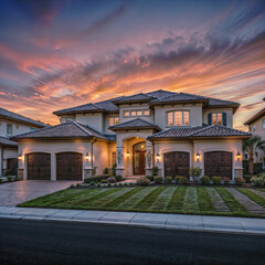 The image shows a luxurious two-story house with a tiled roof, garages, and a well-manicured lawn. The house is illuminated with warm lighting, and the sky in the background is painted with hues of or